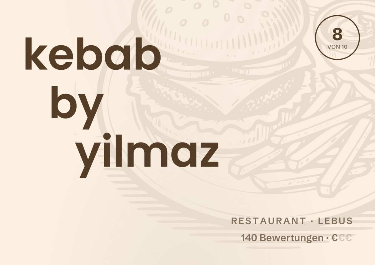 Illustriertes Poster von kebab by yilmaz, Restaurant in Lebus: Bewertung 8 von 10 aus 140 Bewertungen, Preisniveau €