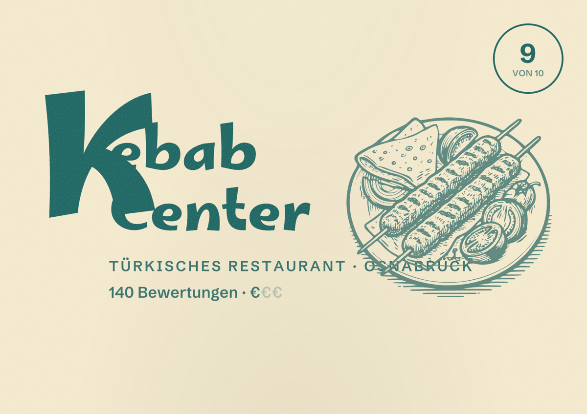 Illustriertes Poster von Kebab Center, Türkisches Restaurant in Osnabrück: Bewertung 9 von 10 aus 140 Bewertungen, Preisniveau €