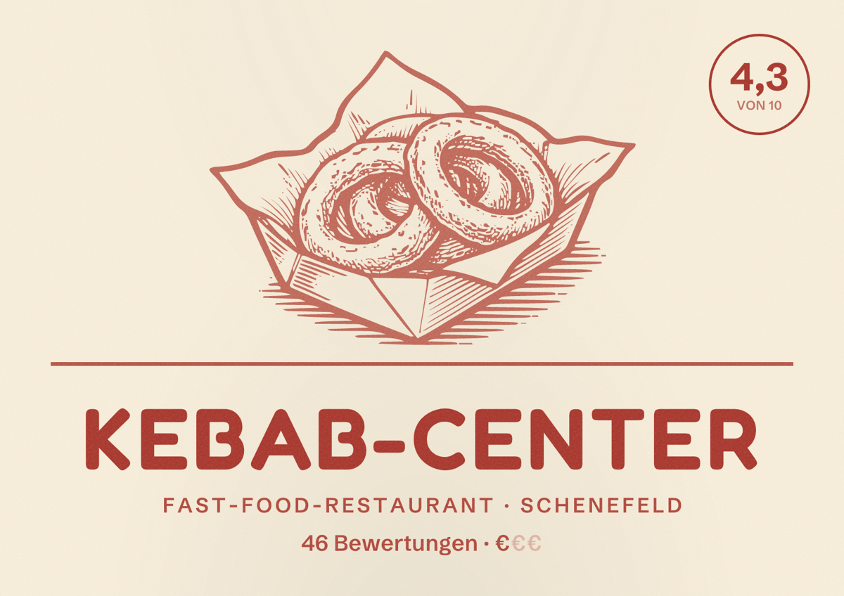 Illustriertes Poster von Kebab-Center, Fast-Food-Restaurant in Schenefeld: Bewertung 4,3 von 10 aus 46 Bewertungen, Preisniveau €