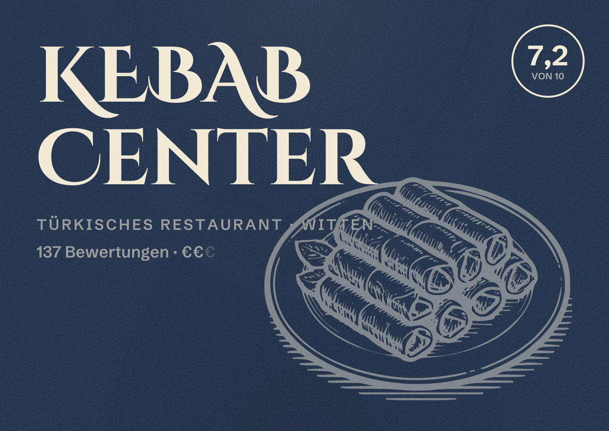 Illustriertes Poster von KEBAB Center, Türkisches Restaurant in Witten: Bewertung 7,2 von 10 aus 137 Bewertungen, Preisniveau €€