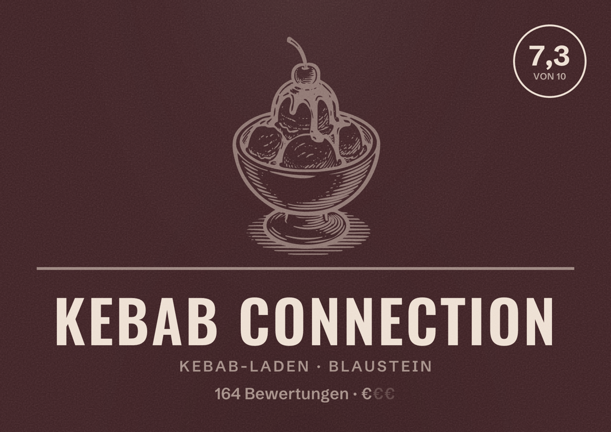 Illustriertes Poster von Kebab Connection, Kebab-Laden in Blaustein: Bewertung 7,3 von 10 aus 164 Bewertungen, Preisniveau €