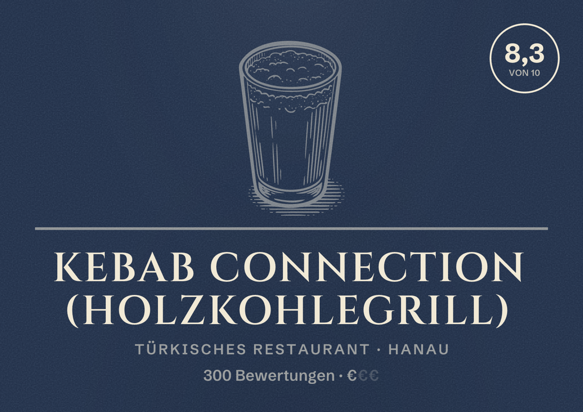 Illustriertes Poster von Kebab Connection (Holzkohlegrill), Türkisches Restaurant in Hanau: Bewertung 8,3 von 10 aus 300 Bewertungen, Preisniveau €