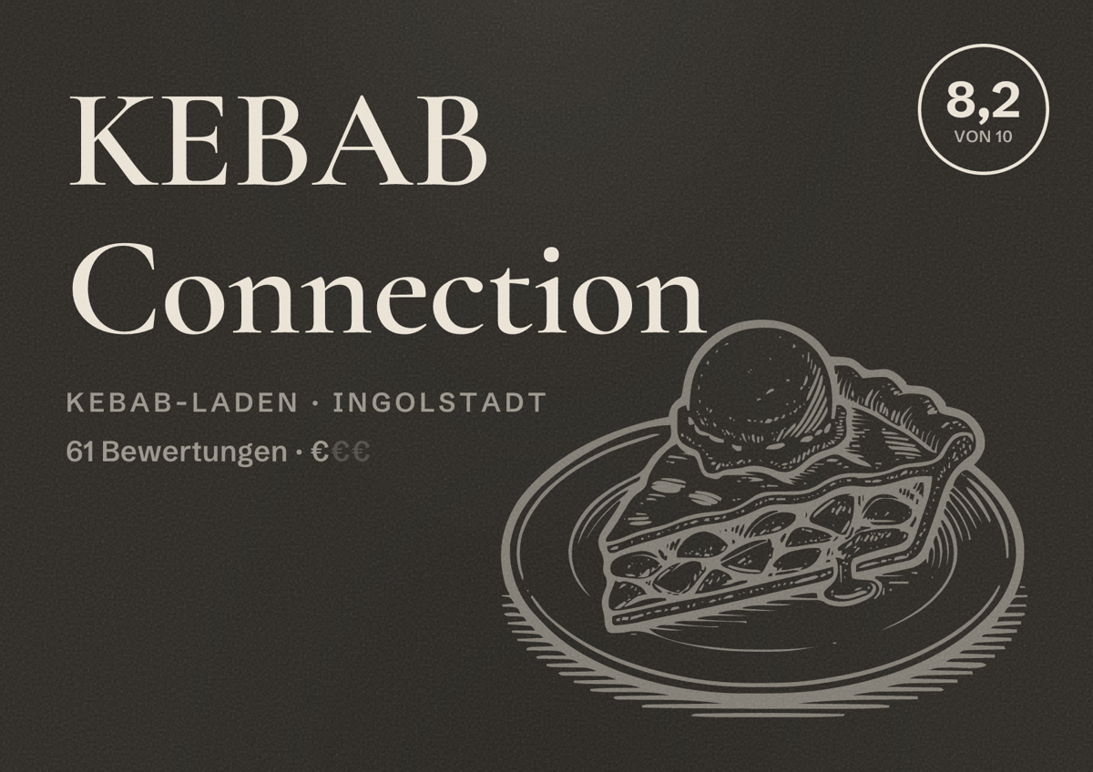 Illustriertes Poster von KEBAB Connection, Kebab-Laden in Ingolstadt: Bewertung 8,2 von 10 aus 61 Bewertungen, Preisniveau €