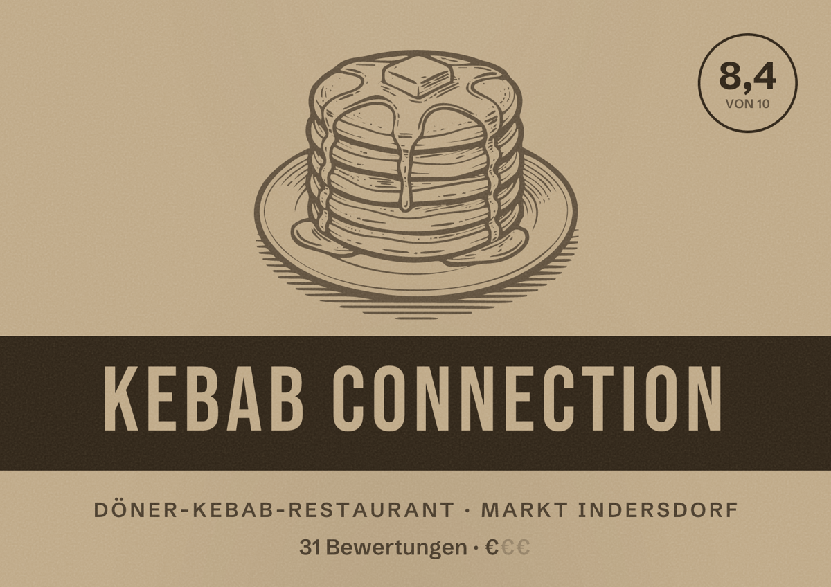 Illustriertes Poster von Kebab Connection, Döner-Kebab-Restaurant in Markt Indersdorf: Bewertung 8,4 von 10 aus 31 Bewertungen, Preisniveau €