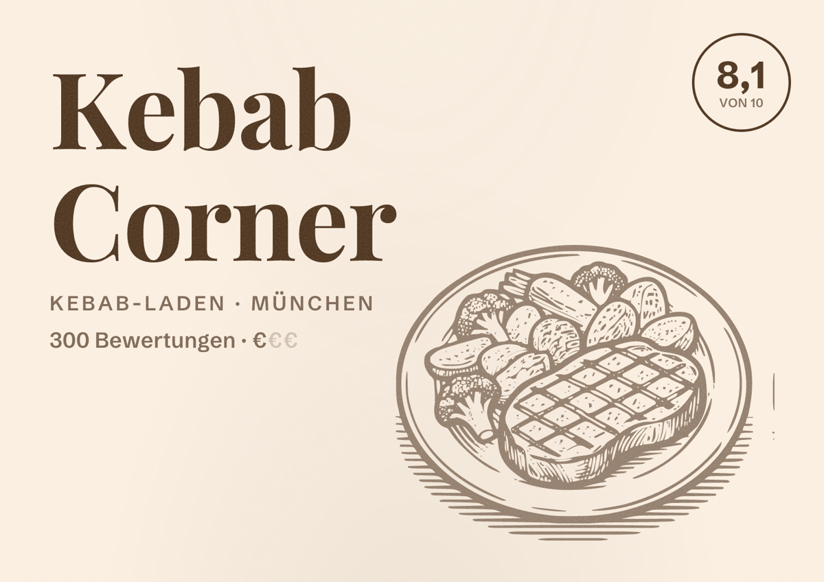 Illustriertes Poster von Kebab Corner, Kebab-Laden in München: Bewertung 8,1 von 10 aus 300 Bewertungen, Preisniveau €