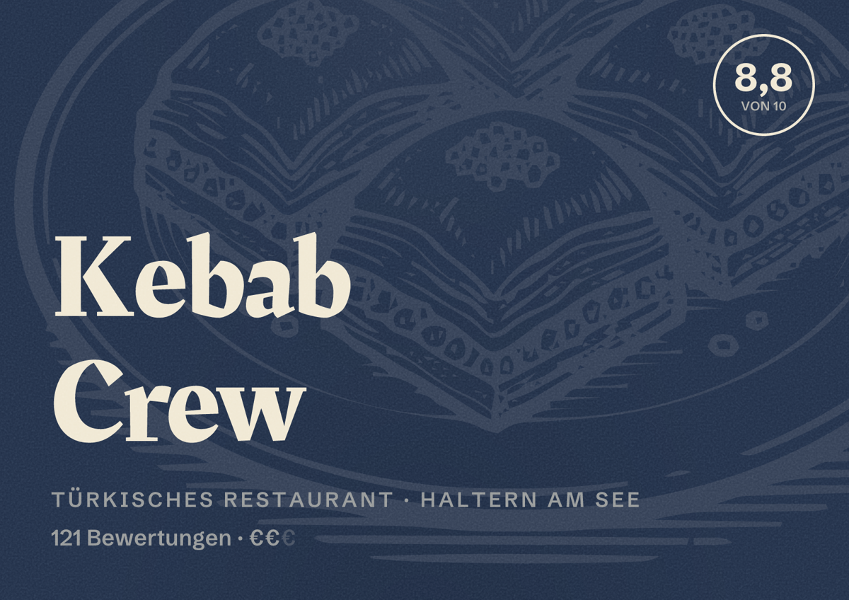 Illustriertes Poster von Kebab Crew, Türkisches Restaurant in Haltern am See: Bewertung 8,8 von 10 aus 121 Bewertungen, Preisniveau €€