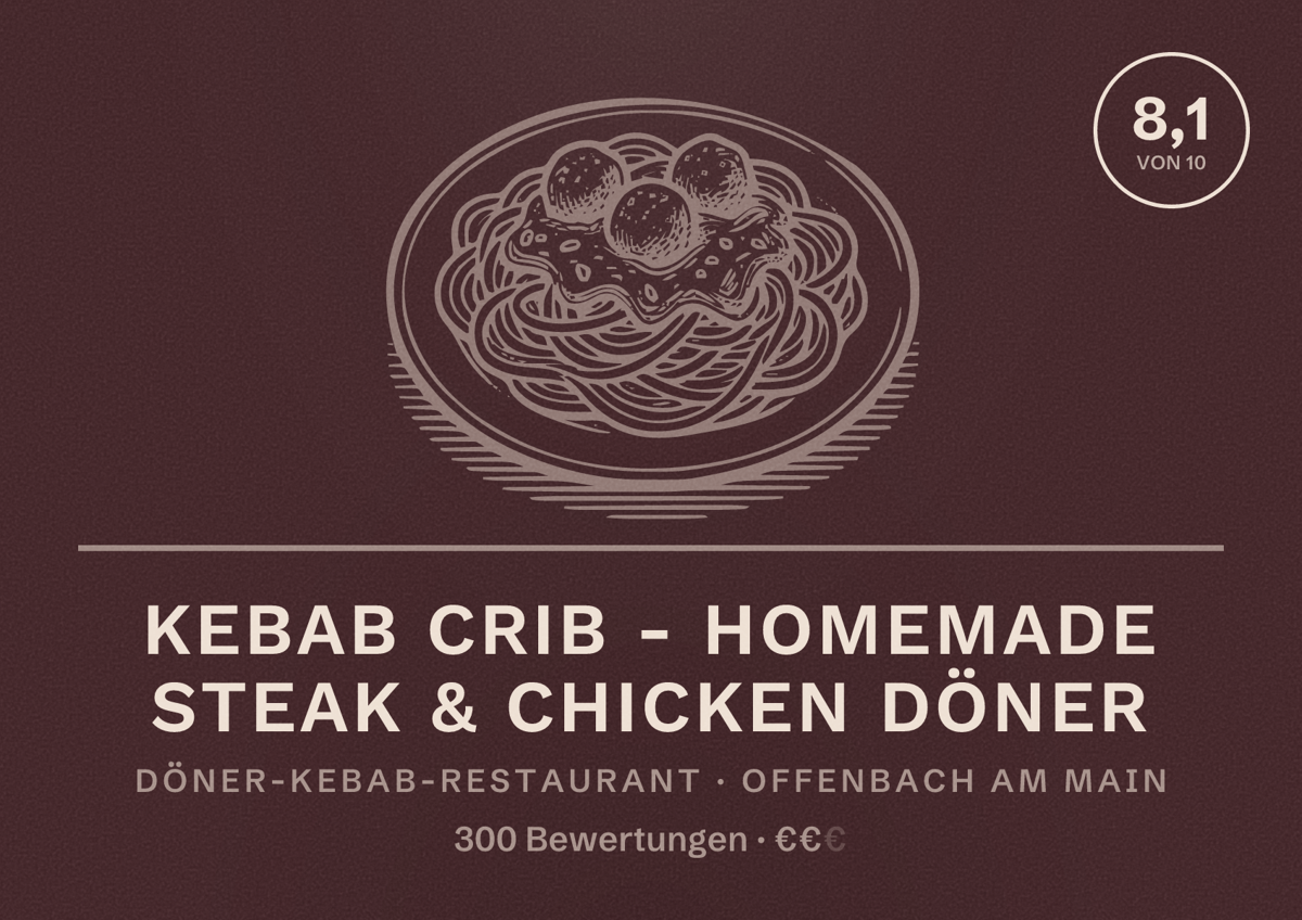 Illustriertes Poster von Kebab Crib - Homemade Steak & Chicken Döner, Döner-Kebab-Restaurant in Offenbach am Main: Bewertung 8,1 von 10 aus 300 Bewertungen, Preisniveau €€