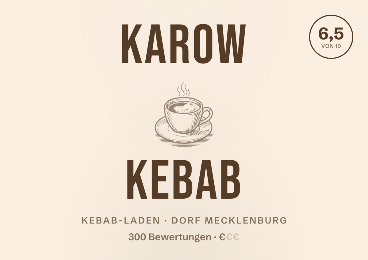 Illustriertes Poster von Karow Kebab, Kebab-Laden in Dorf Mecklenburg: Bewertung 6,5 von 10 aus 300 Bewertungen, Preisniveau €