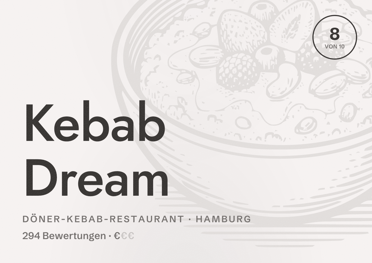 Illustriertes Poster von Kebab Dream, Döner-Kebab-Restaurant in Hamburg: Bewertung 8,0 von 10 aus 294 Bewertungen, Preisniveau €