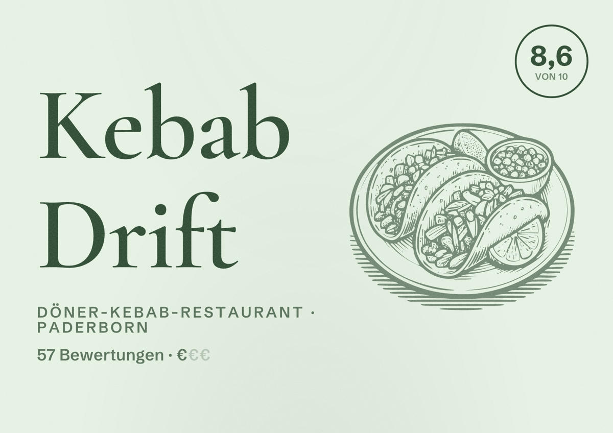 Illustriertes Poster von Kebab Drift, Döner-Kebab-Restaurant in Paderborn: Bewertung 8,6 von 10 aus 57 Bewertungen, Preisniveau €