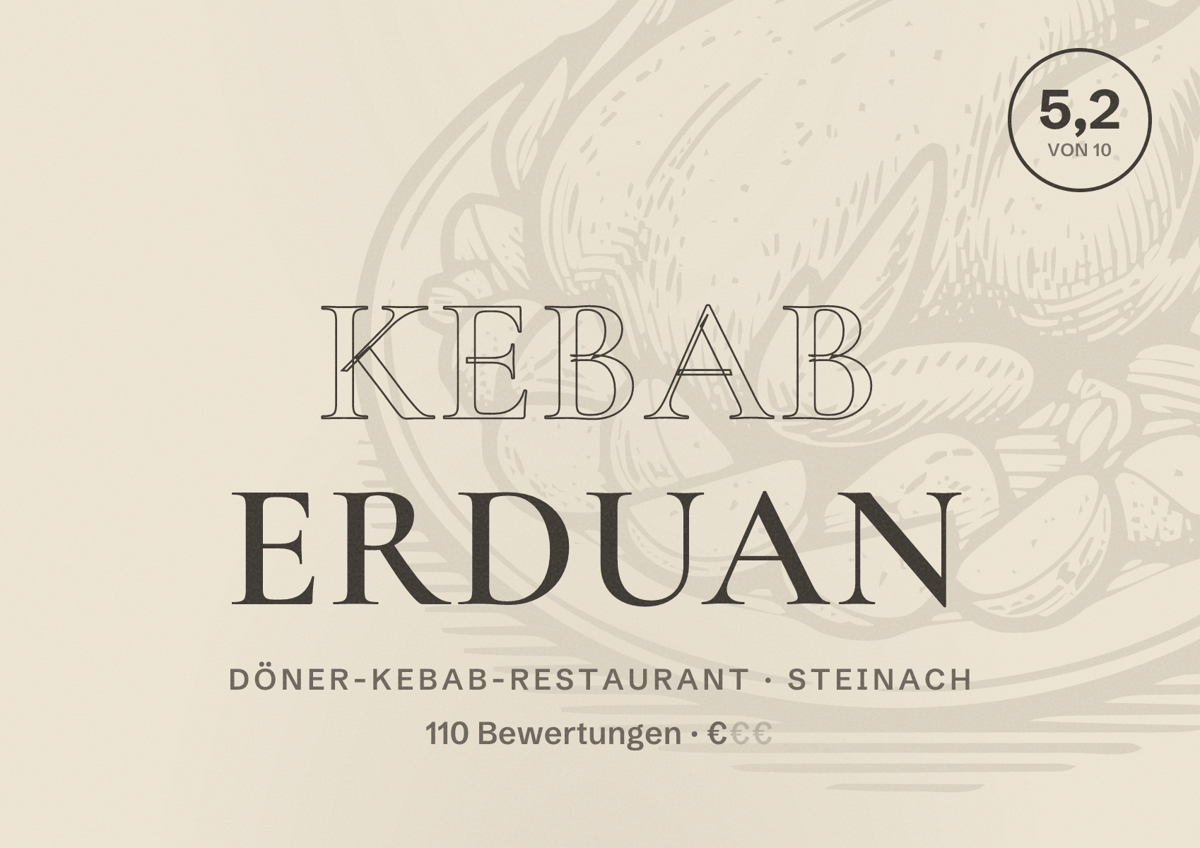 Illustriertes Poster von Kebab Erduan, Döner-Kebab-Restaurant in Steinach: Bewertung 5,2 von 10 aus 110 Bewertungen, Preisniveau €