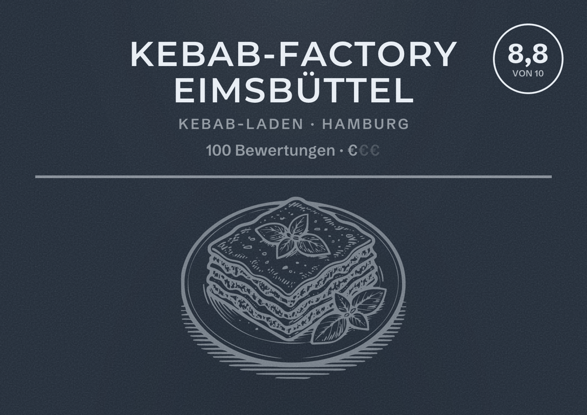 Illustriertes Poster von Kebab-Factory Eimsbüttel, Kebab-Laden in Hamburg: Bewertung 8,8 von 10 aus 100 Bewertungen, Preisniveau €