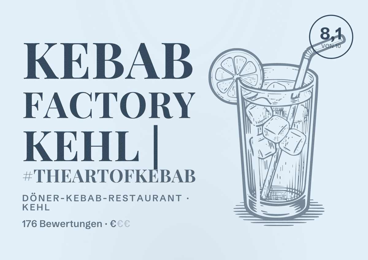 Illustriertes Poster von Kebab Factory Kehl | #TheArtOfKebab, Döner-Kebab-Restaurant in Kehl: Bewertung 8,1 von 10 aus 176 Bewertungen, Preisniveau €