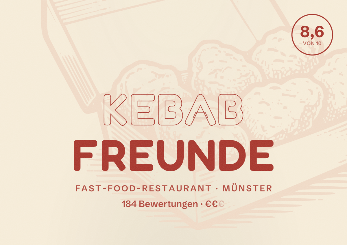Illustriertes Poster von Kebab Freunde, Fast-Food-Restaurant in Münster: Bewertung 8,6 von 10 aus 184 Bewertungen, Preisniveau €€