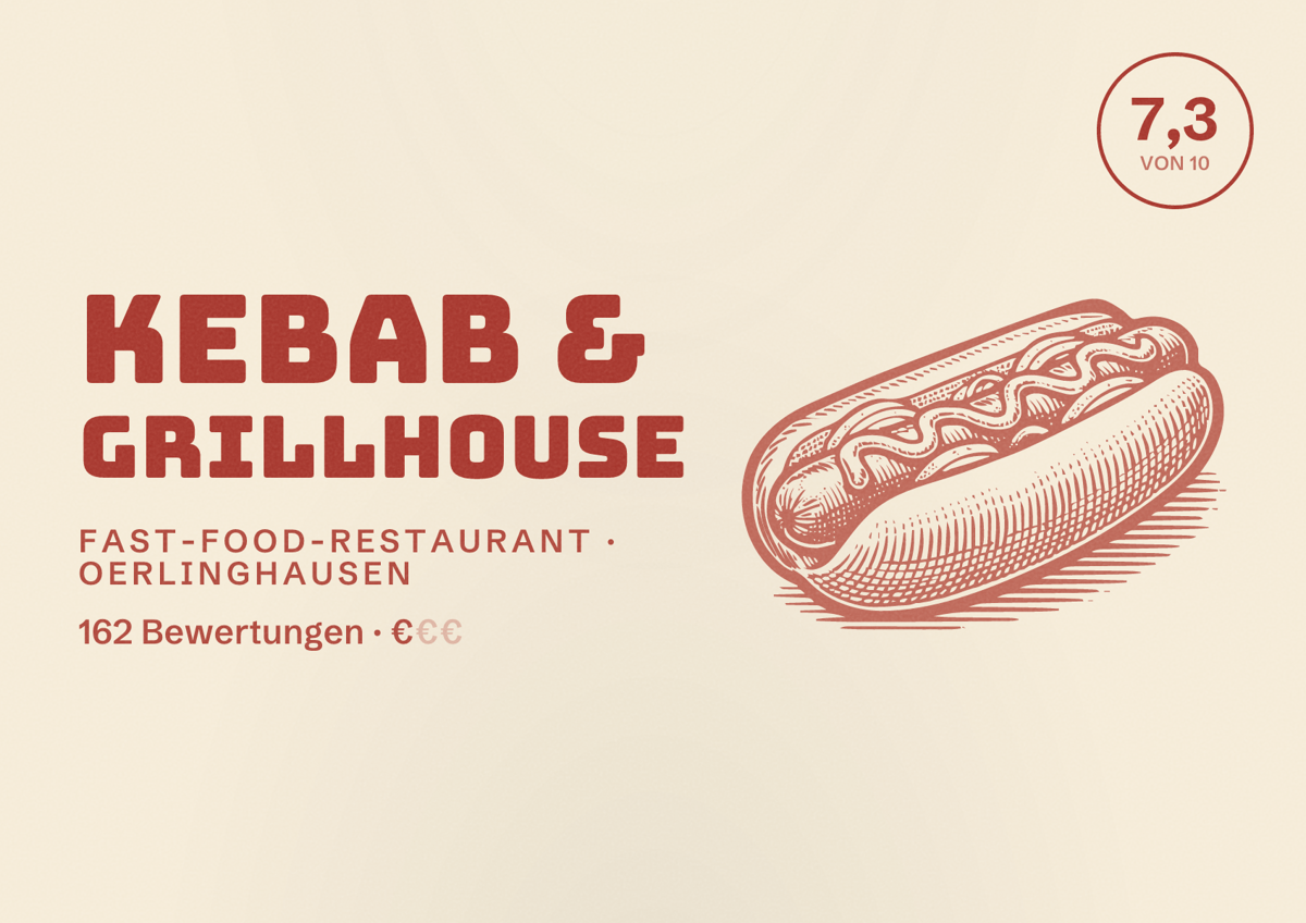 Illustriertes Poster von Kebab & Grillhouse, Fast-Food-Restaurant in Oerlinghausen: Bewertung 7,3 von 10 aus 162 Bewertungen, Preisniveau €