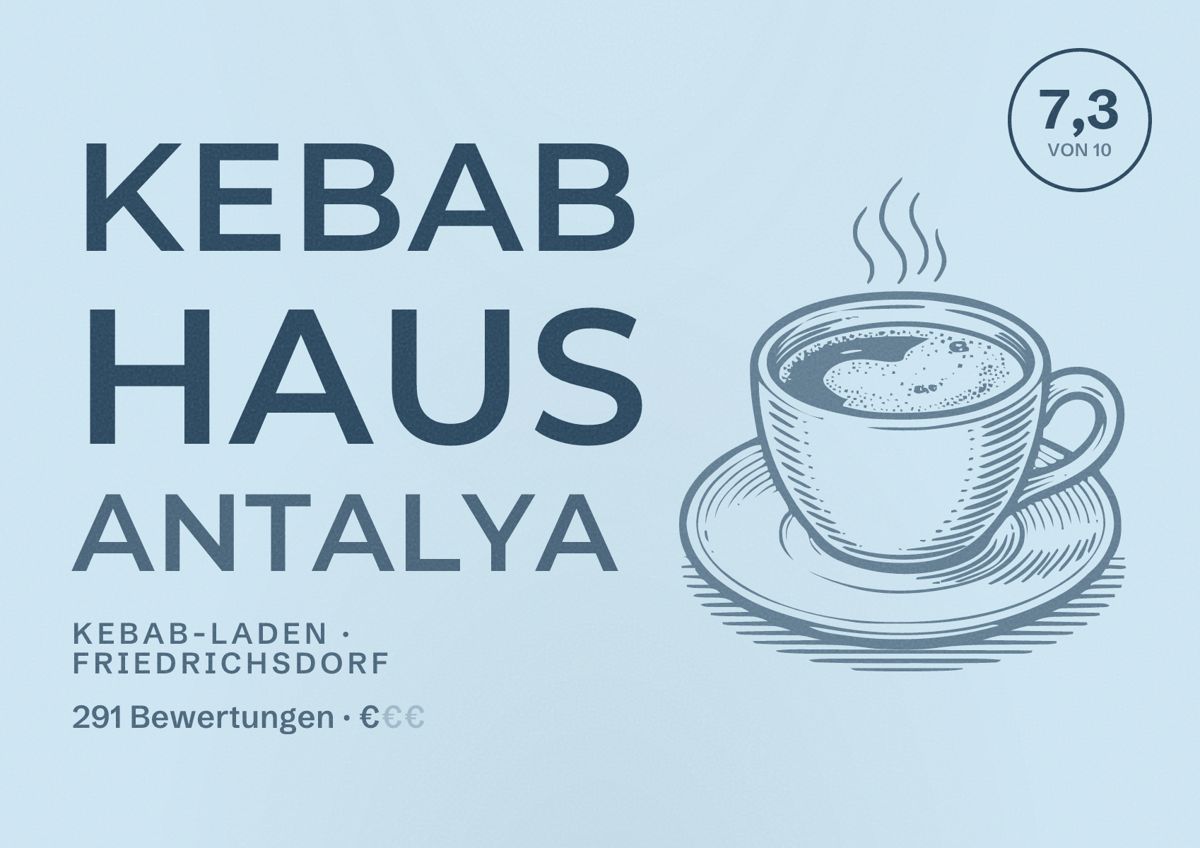 Illustriertes Poster von Kebab Haus Antalya, Kebab-Laden in Friedrichsdorf: Bewertung 7,3 von 10 aus 291 Bewertungen, Preisniveau €