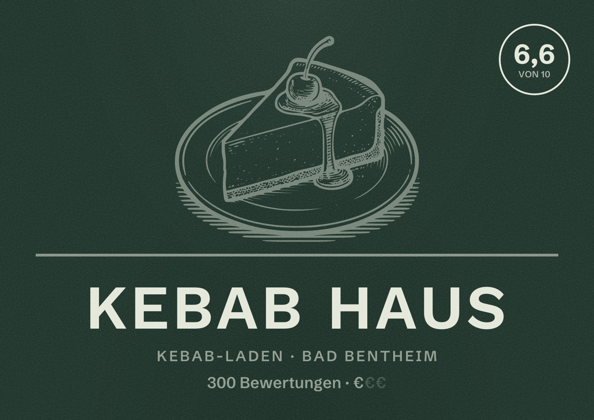 Illustriertes Poster von Kebab Haus, Kebab-Laden in Bad Bentheim: Bewertung 6,6 von 10 aus 300 Bewertungen, Preisniveau €