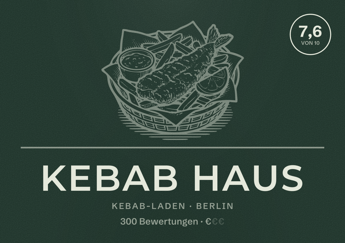 Illustriertes Poster von Kebab Haus, Kebab-Laden in Berlin: Bewertung 7,6 von 10 aus 300 Bewertungen, Preisniveau €