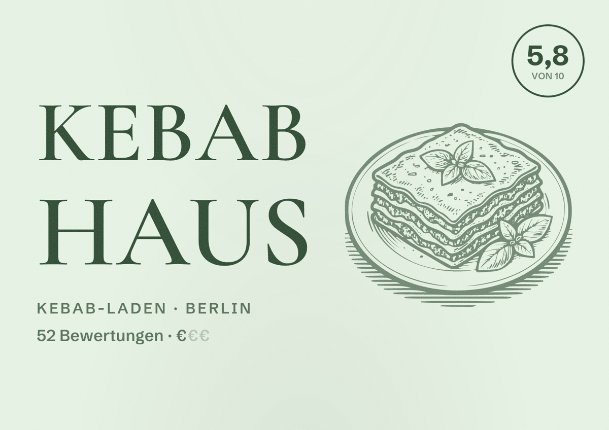 Illustriertes Poster von Kebab Haus, Kebab-Laden in Berlin: Bewertung 5,8 von 10 aus 52 Bewertungen, Preisniveau €