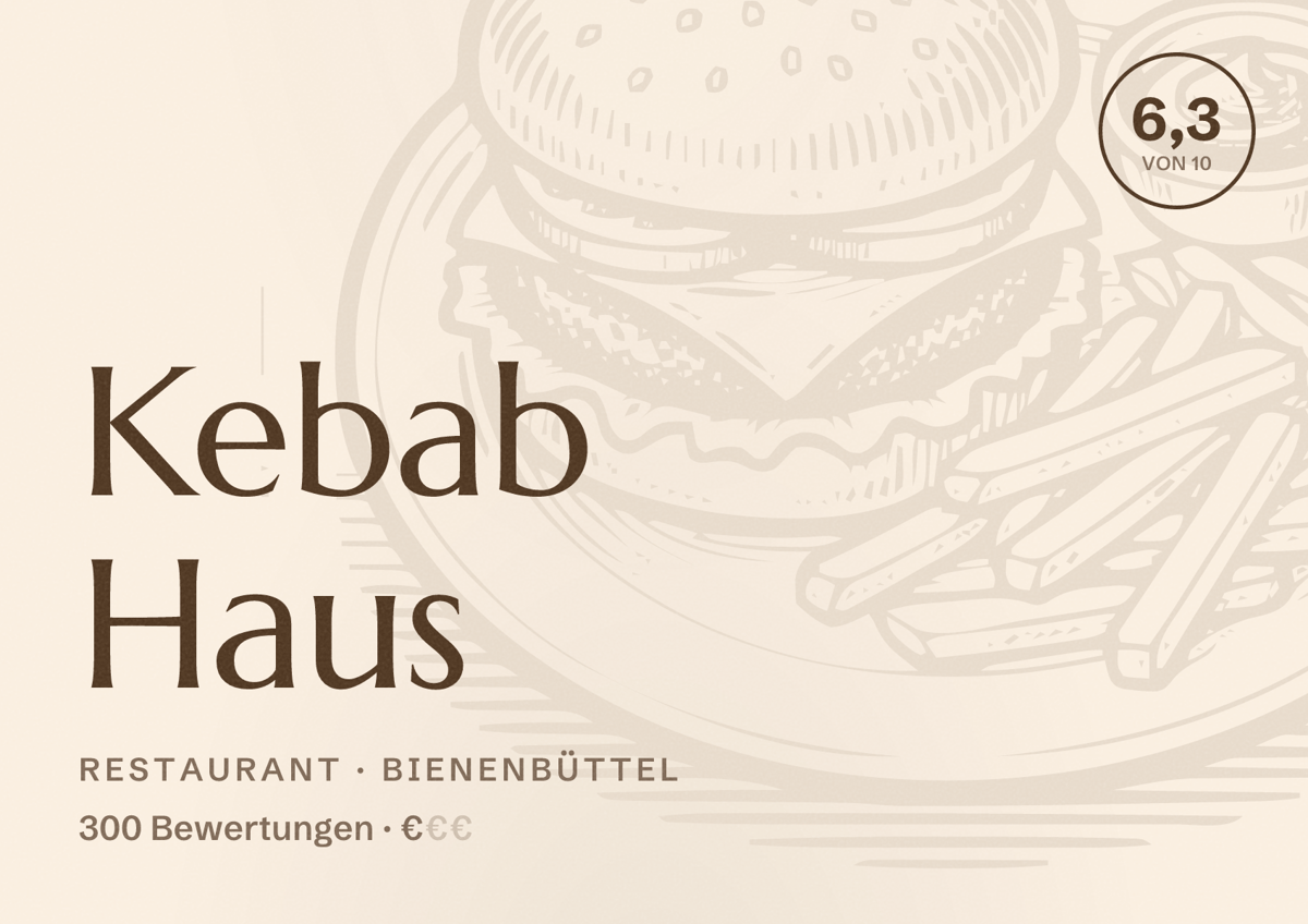 Illustriertes Poster von Kebab Haus, Restaurant in Bienenbüttel: Bewertung 6,3 von 10 aus 300 Bewertungen, Preisniveau €
