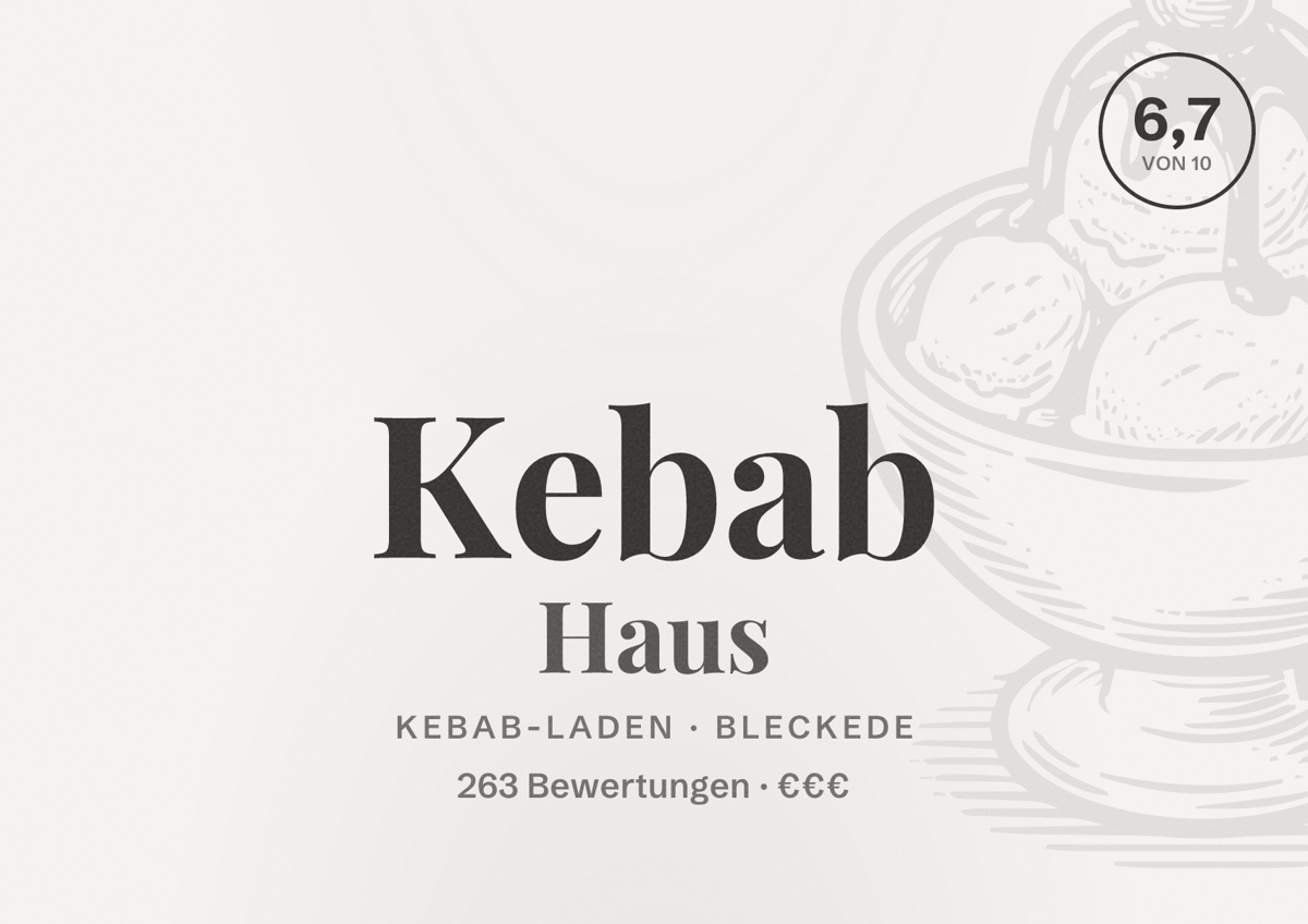 Illustriertes Poster von Kebab Haus, Kebab-Laden in Bleckede: Bewertung 6,7 von 10 aus 263 Bewertungen, Preisniveau €€€