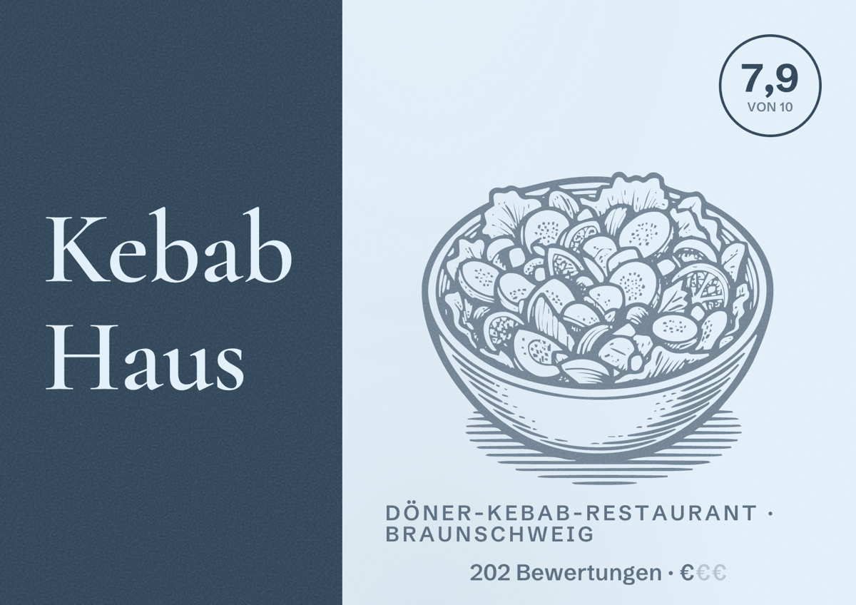 Illustriertes Poster von Kebab Haus, Döner-Kebab-Restaurant in Braunschweig: Bewertung 7,9 von 10 aus 202 Bewertungen, Preisniveau €