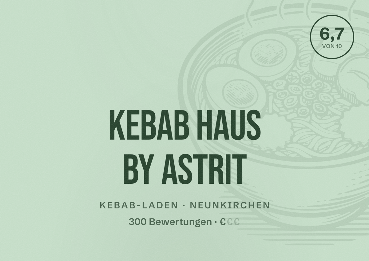 Illustriertes Poster von Kebab Haus By Astrit, Kebab-Laden in Neunkirchen: Bewertung 6,7 von 10 aus 300 Bewertungen, Preisniveau €