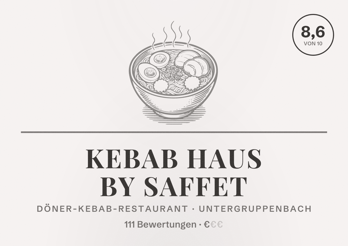 Illustriertes Poster von Kebab Haus by Saffet, Döner-Kebab-Restaurant in Untergruppenbach: Bewertung 8,6 von 10 aus 111 Bewertungen, Preisniveau €