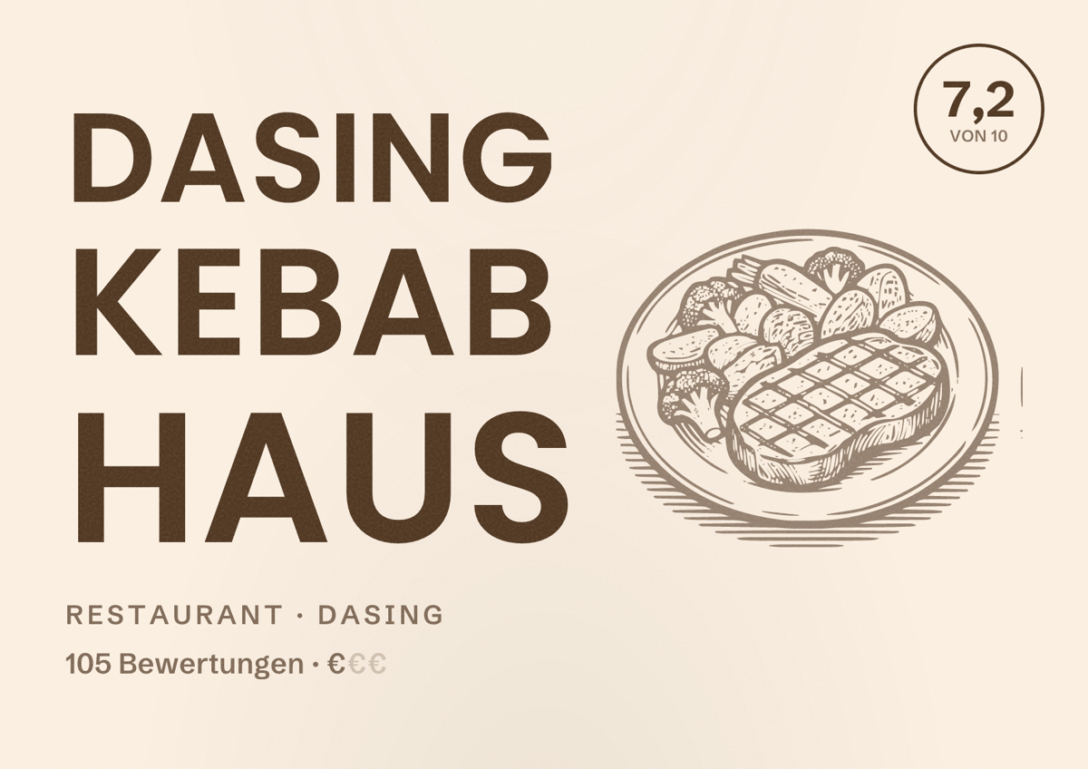 Illustriertes Poster von Dasing Kebab Haus, Restaurant in Dasing: Bewertung 7,2 von 10 aus 105 Bewertungen, Preisniveau €