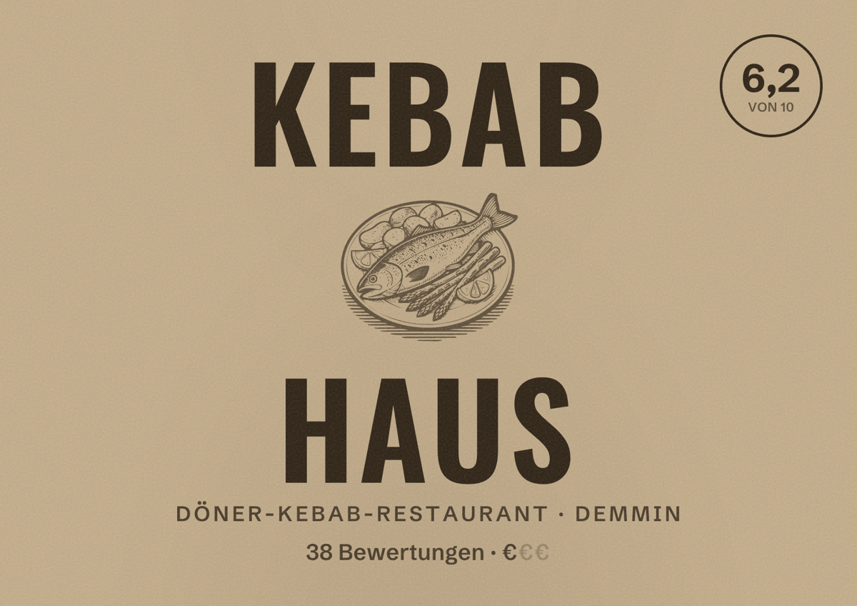 Illustriertes Poster von Kebab Haus, Döner-Kebab-Restaurant in Demmin: Bewertung 6,2 von 10 aus 38 Bewertungen, Preisniveau €