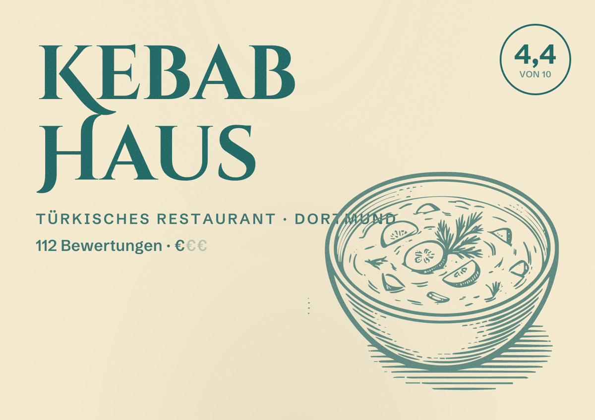 Illustriertes Poster von Kebab Haus, Türkisches Restaurant in Dortmund: Bewertung 4,4 von 10 aus 112 Bewertungen, Preisniveau €