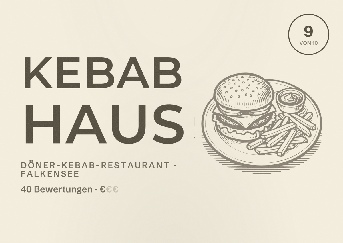 Illustriertes Poster von Kebab Haus, Döner-Kebab-Restaurant in Falkensee: Bewertung 9 von 10 aus 40 Bewertungen, Preisniveau €