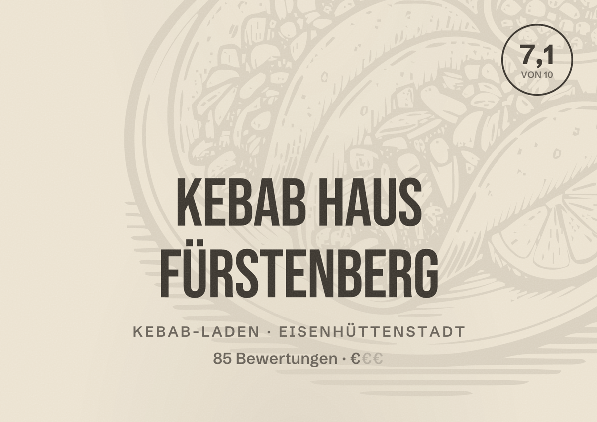 Illustriertes Poster von Kebab Haus Fürstenberg, Kebab-Laden in Eisenhüttenstadt: Bewertung 7,1 von 10 aus 85 Bewertungen, Preisniveau €