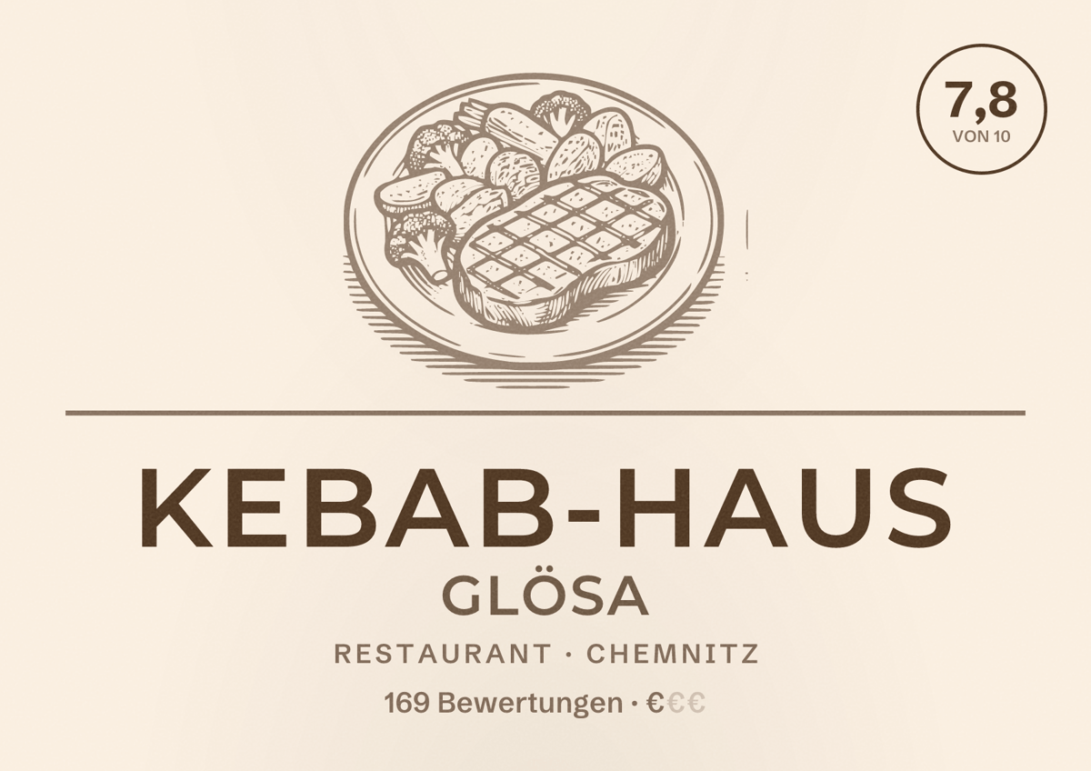 Illustriertes Poster von Kebab-Haus GLÖSA, Restaurant in Chemnitz: Bewertung 7,8 von 10 aus 169 Bewertungen, Preisniveau €