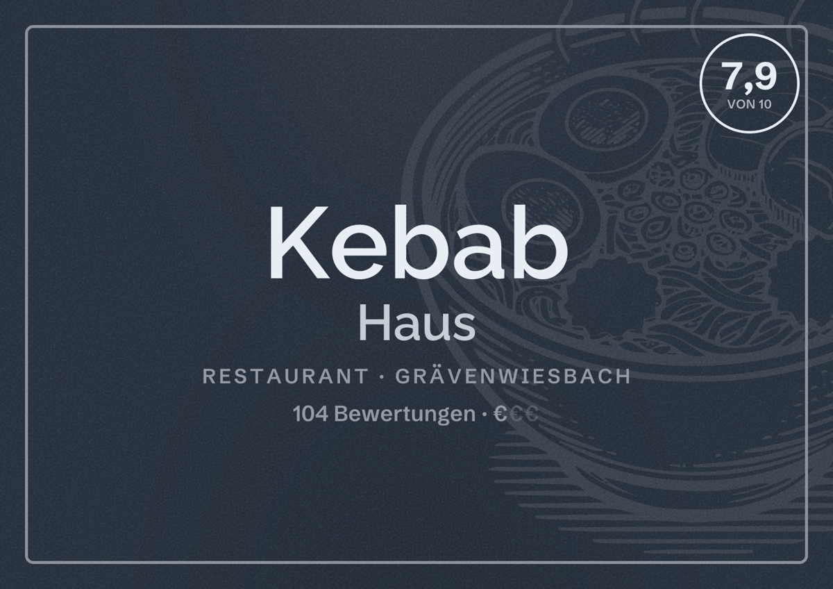 Illustriertes Poster von Kebab Haus, Restaurant in Grävenwiesbach: Bewertung 7,9 von 10 aus 104 Bewertungen, Preisniveau €