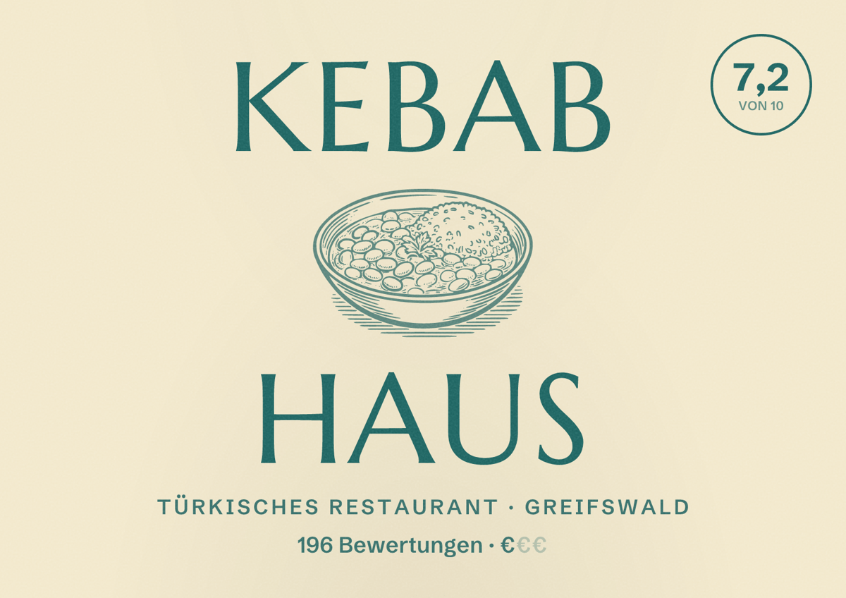 Illustriertes Poster von Kebab Haus, Türkisches Restaurant in Greifswald: Bewertung 7,2 von 10 aus 196 Bewertungen, Preisniveau €