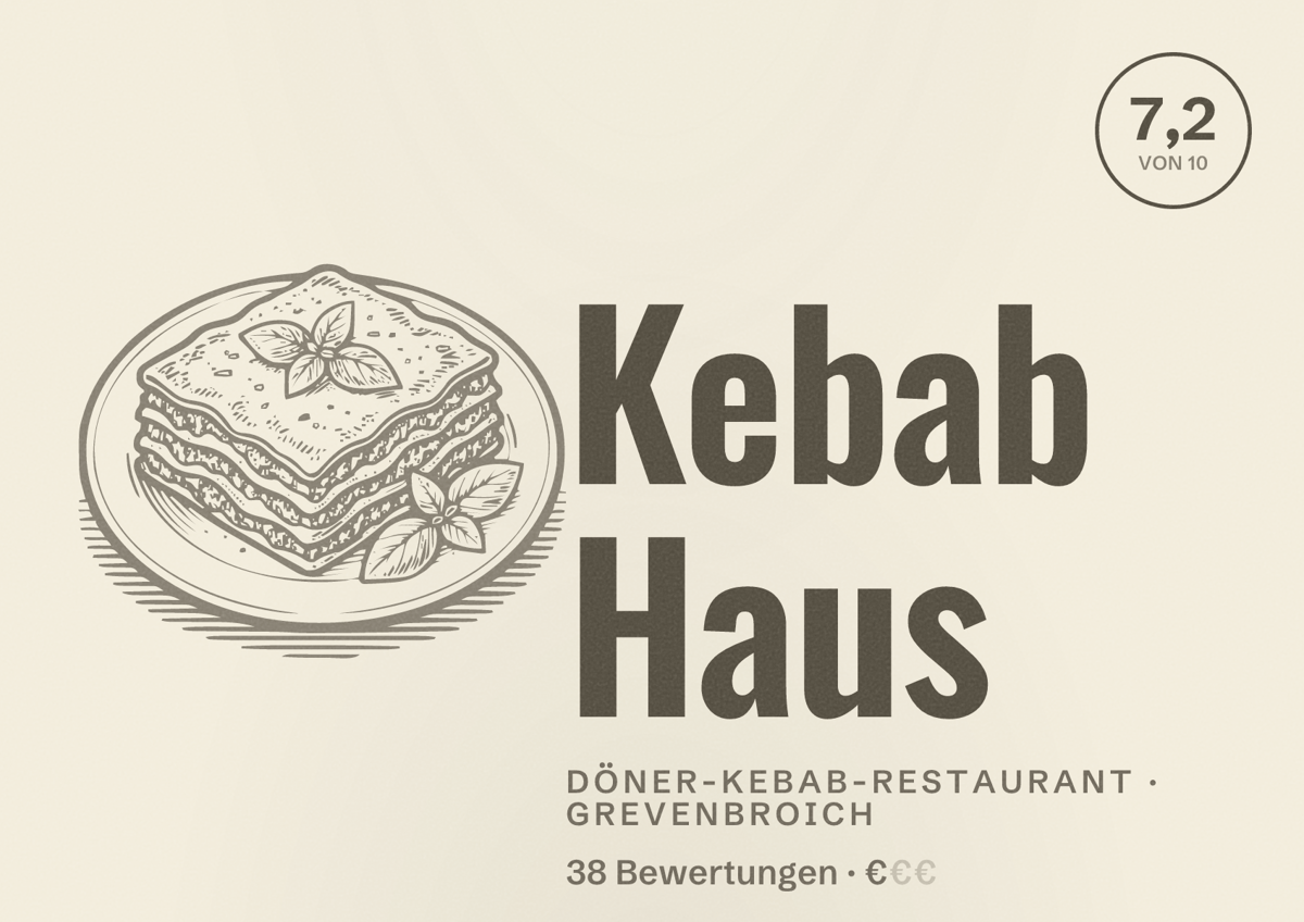 Illustriertes Poster von Kebab Haus, Döner-Kebab-Restaurant in Grevenbroich: Bewertung 7,2 von 10 aus 38 Bewertungen, Preisniveau €