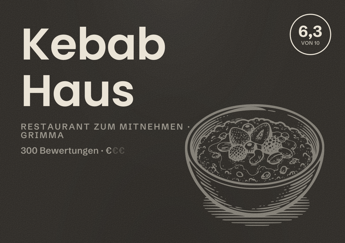 Illustriertes Poster von Kebab Haus, Restaurant zum Mitnehmen in Grimma: Bewertung 6,3 von 10 aus 300 Bewertungen, Preisniveau €