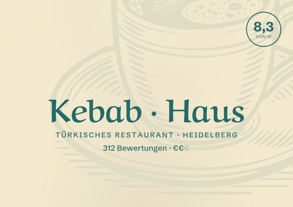 Illustriertes Poster von Kebab Haus, Türkisches Restaurant in Heidelberg: Bewertung 8,3 von 10 aus 312 Bewertungen, Preisniveau €€