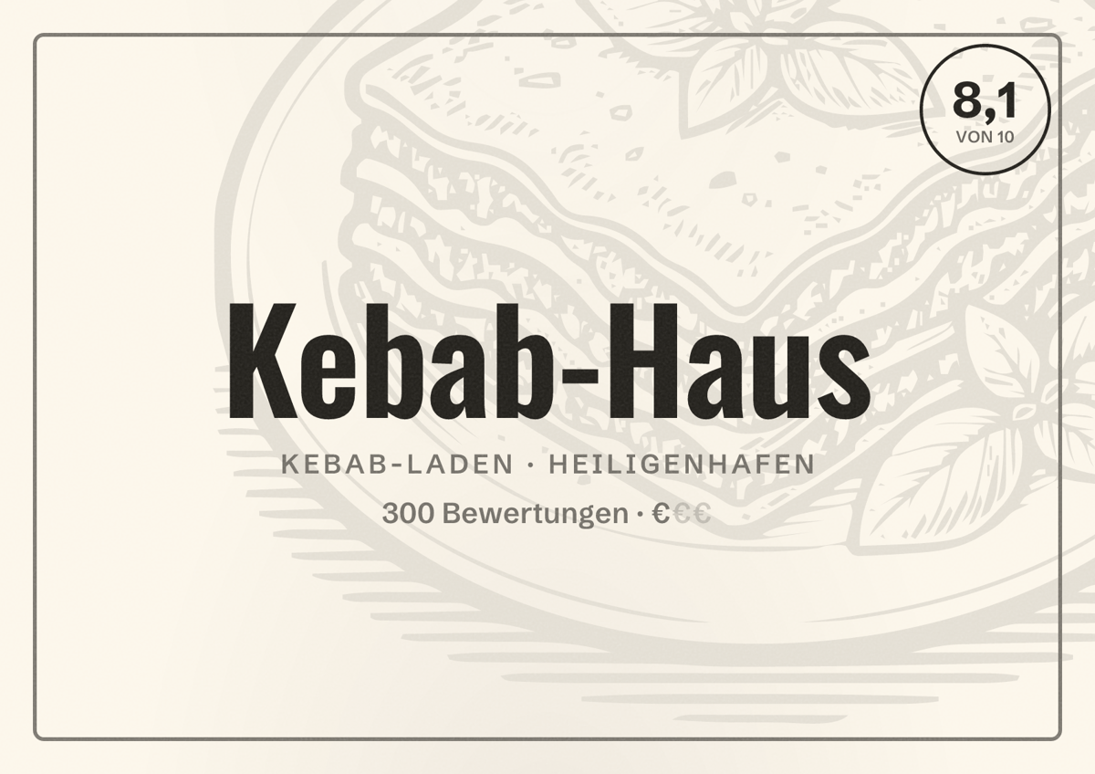 Illustriertes Poster von Kebab-Haus, Kebab-Laden in Heiligenhafen: Bewertung 8,1 von 10 aus 300 Bewertungen, Preisniveau €
