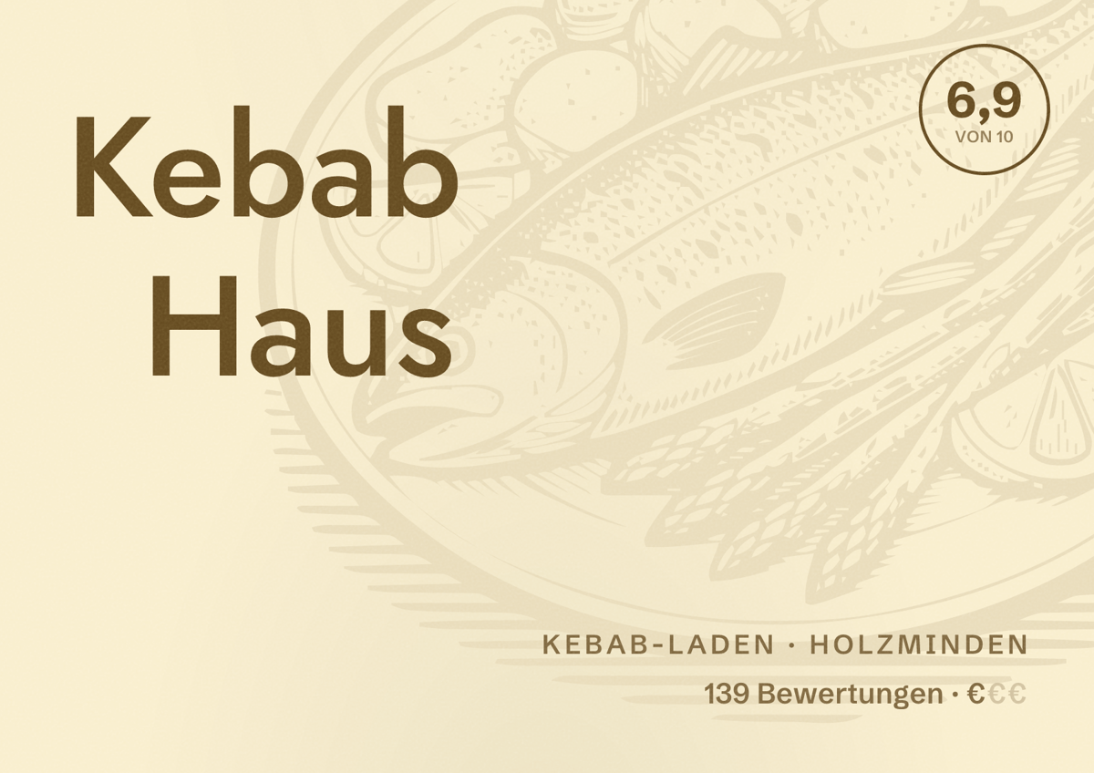 Illustriertes Poster von Kebab Haus, Kebab-Laden in Holzminden: Bewertung 6,9 von 10 aus 139 Bewertungen, Preisniveau €