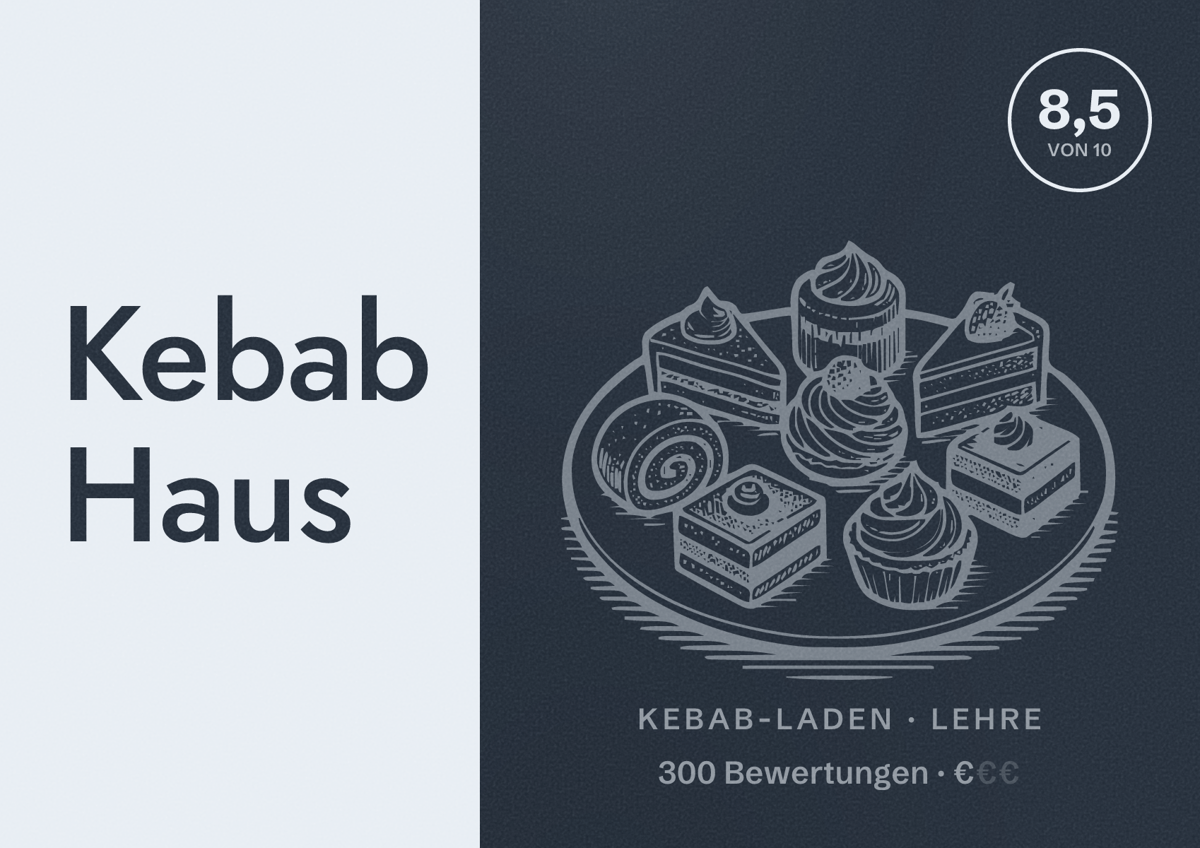 Illustriertes Poster von Kebab Haus, Kebab-Laden in Lehre: Bewertung 8,5 von 10 aus 300 Bewertungen, Preisniveau €