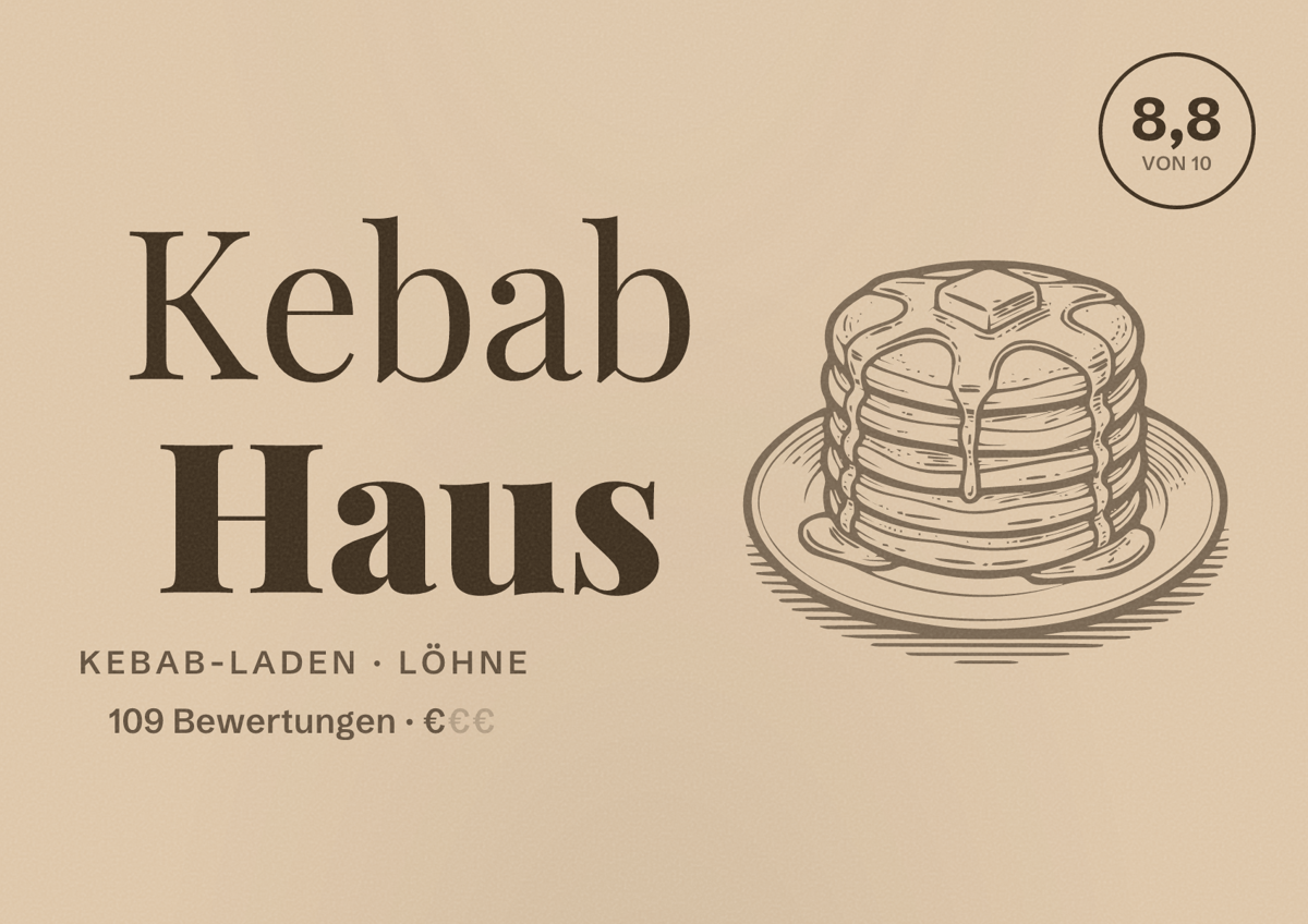 Illustriertes Poster von Kebab Haus, Kebab-Laden in Löhne: Bewertung 8,8 von 10 aus 109 Bewertungen, Preisniveau €