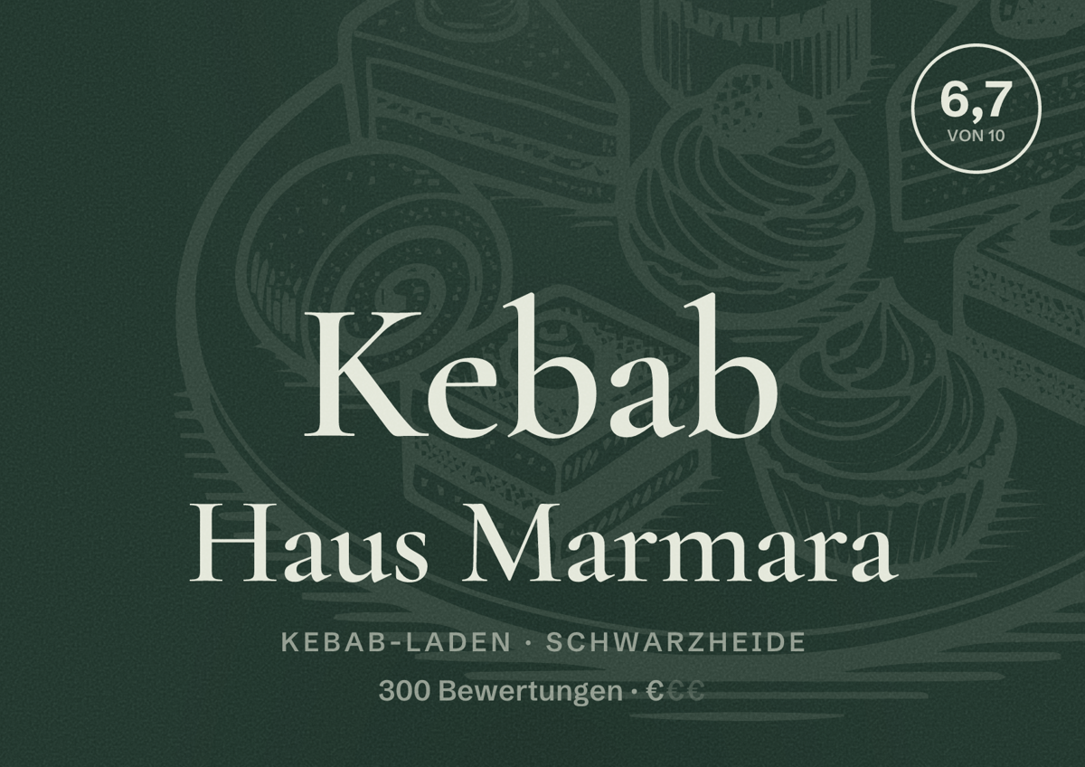 Illustriertes Poster von Kebab Haus Marmara, Kebab-Laden in Schwarzheide: Bewertung 6,7 von 10 aus 300 Bewertungen, Preisniveau €