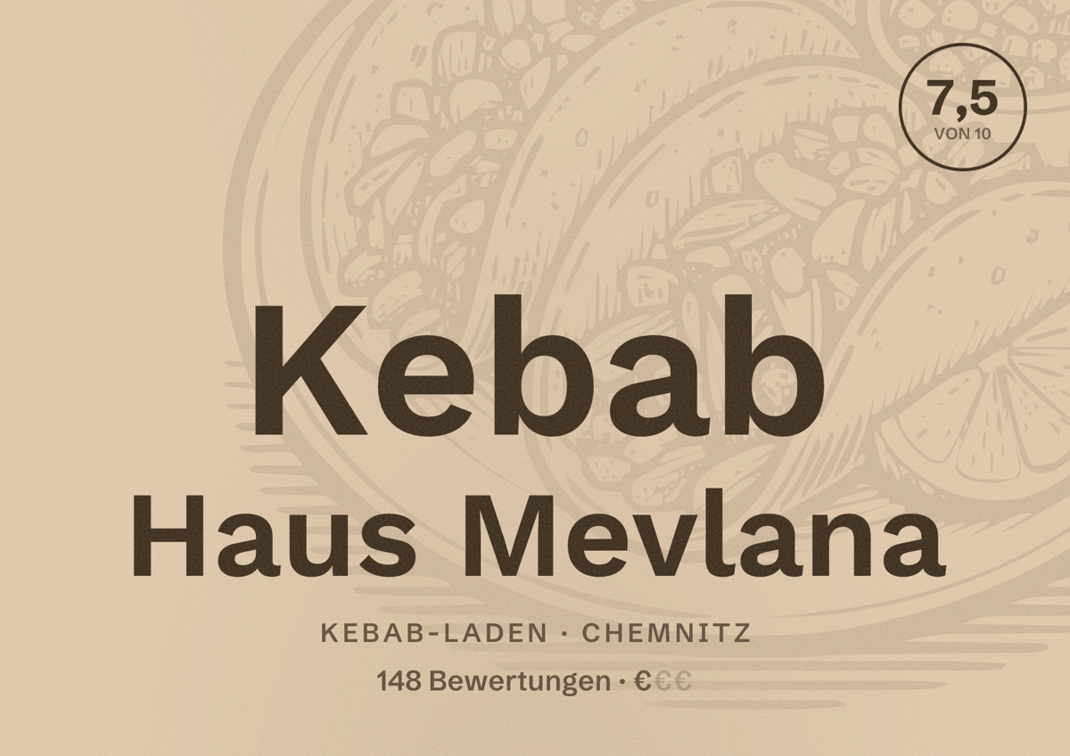 Illustriertes Poster von Kebab Haus Mevlana, Kebab-Laden in Chemnitz: Bewertung 7,5 von 10 aus 148 Bewertungen, Preisniveau €