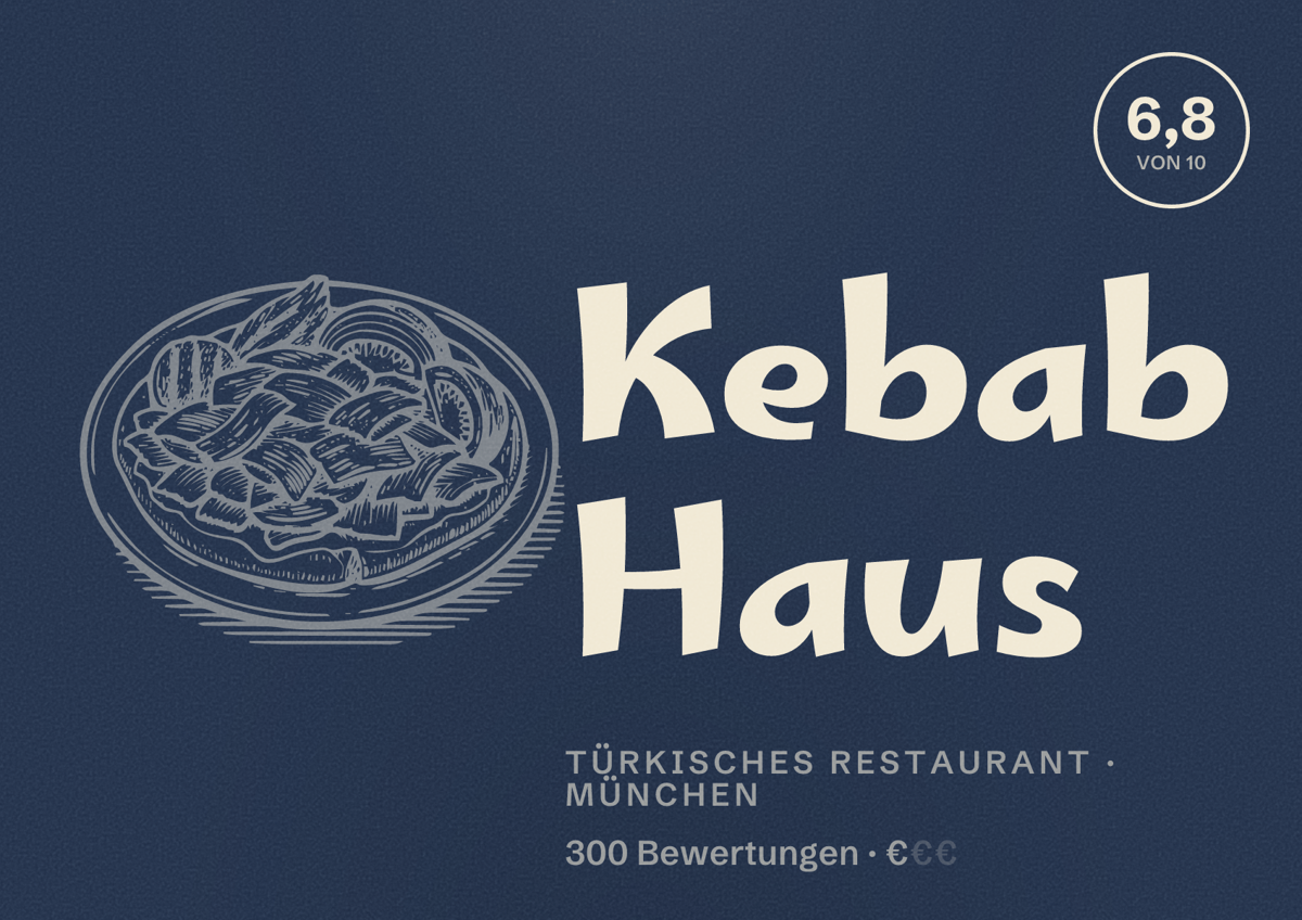 Illustriertes Poster von Kebab Haus, Türkisches Restaurant in München: Bewertung 6,8 von 10 aus 300 Bewertungen, Preisniveau €