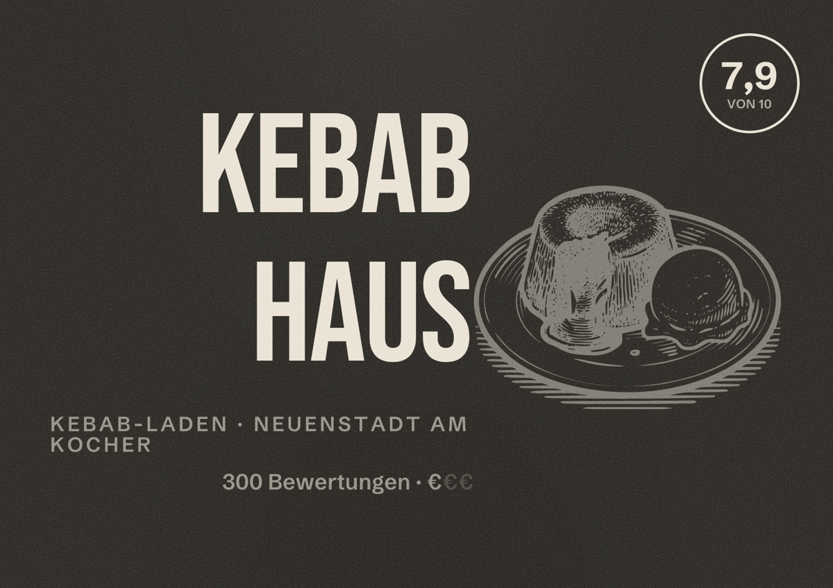 Illustriertes Poster von Kebab Haus, Kebab-Laden in Neuenstadt am Kocher: Bewertung 7,9 von 10 aus 300 Bewertungen, Preisniveau €