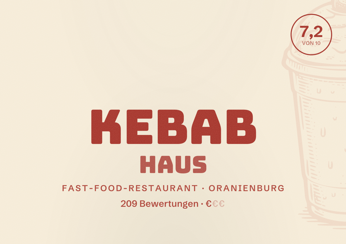 Illustriertes Poster von Kebab Haus, Fast-Food-Restaurant in Oranienburg: Bewertung 7,2 von 10 aus 209 Bewertungen, Preisniveau €