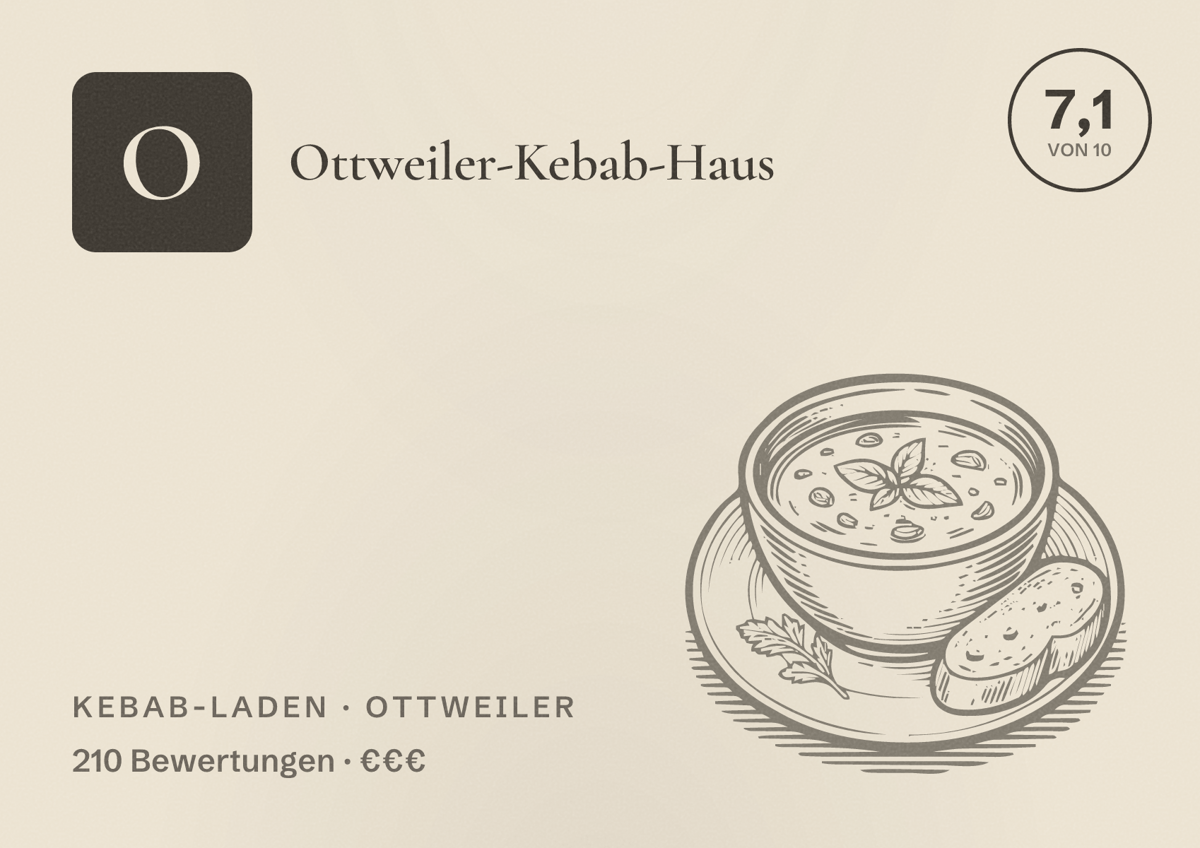 Illustriertes Poster von Ottweiler-Kebab-Haus, Kebab-Laden in Ottweiler: Bewertung 7,1 von 10 aus 210 Bewertungen, Preisniveau €€€