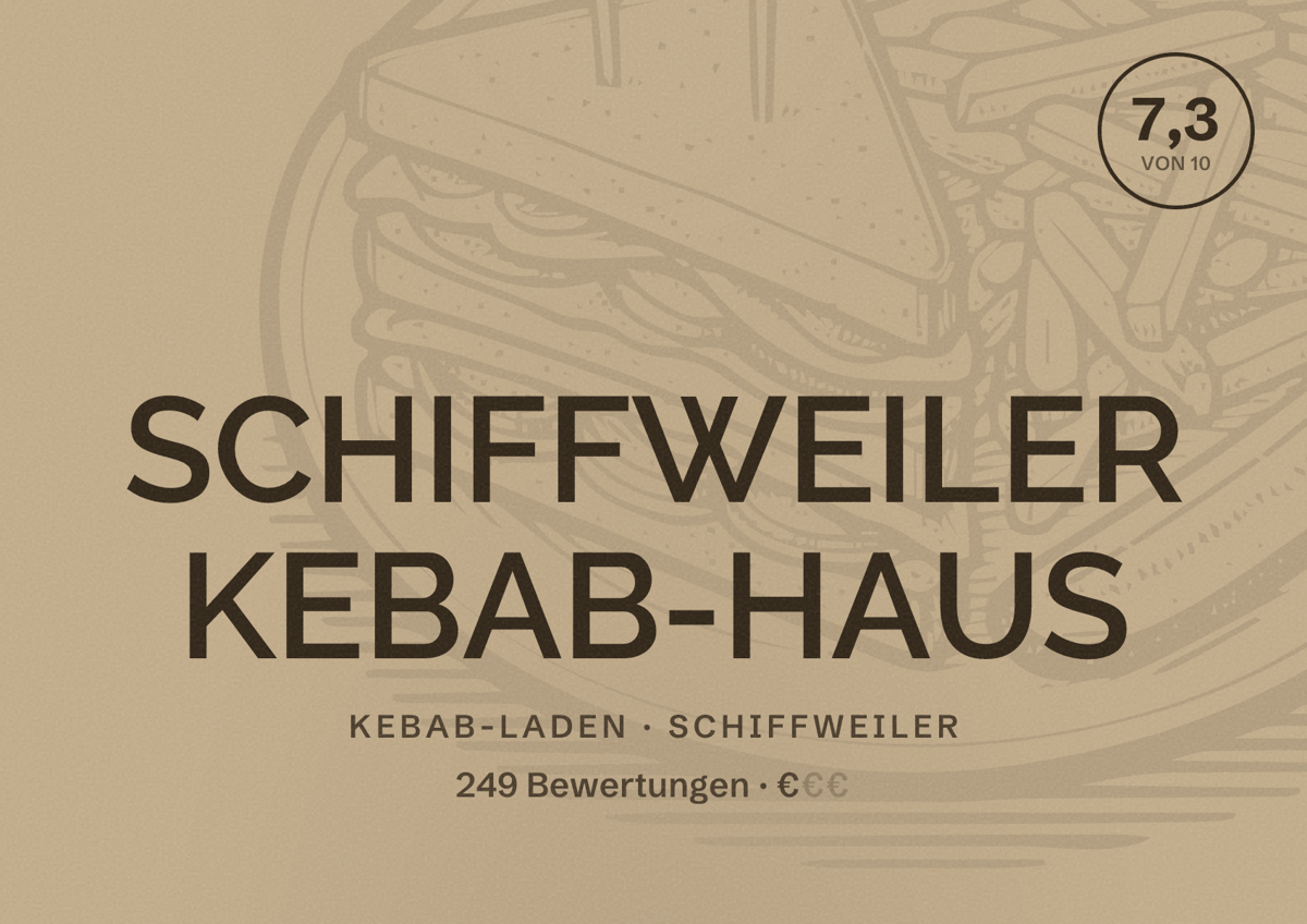 Illustriertes Poster von SCHIFFWEILER KEBAB-HAUS, Kebab-Laden in Schiffweiler: Bewertung 7,3 von 10 aus 249 Bewertungen, Preisniveau €
